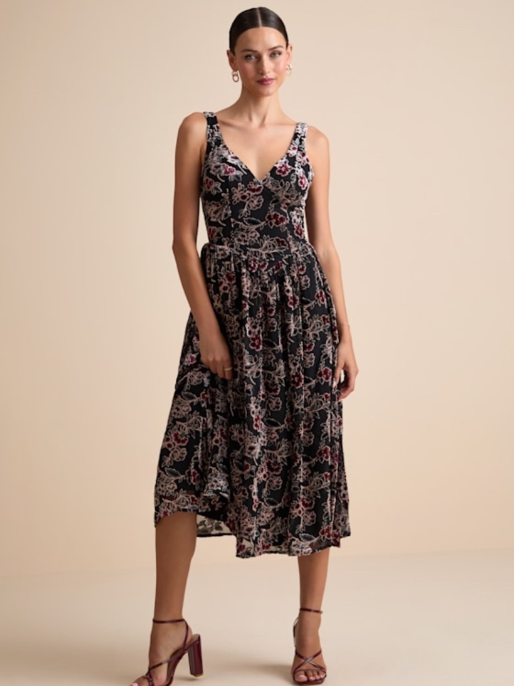 Lulus Priella Black Velvet Burnout Lace-Up Midi Dress XL NWT